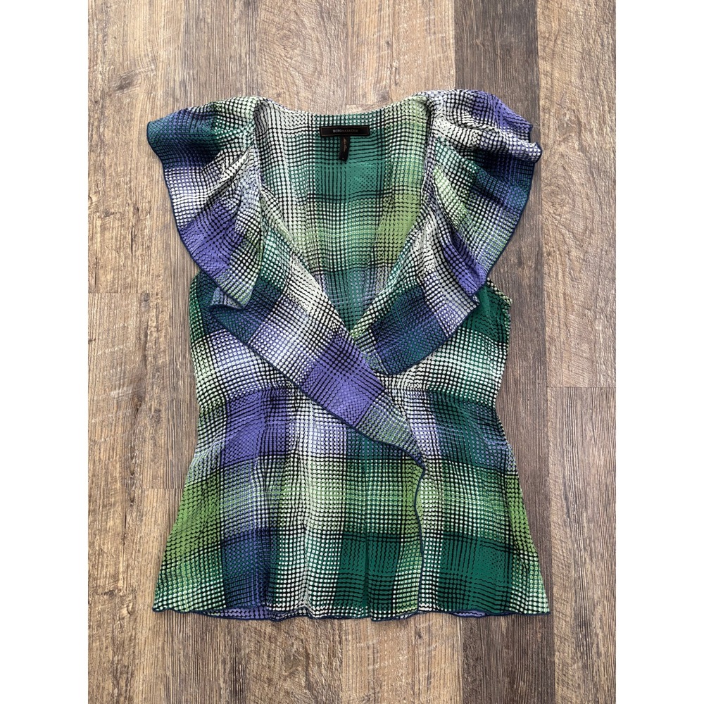 BCBGMAXAZRIA Womens Green Purple Plaid 100% Silk Ruffle V-Neck Blouse Size M